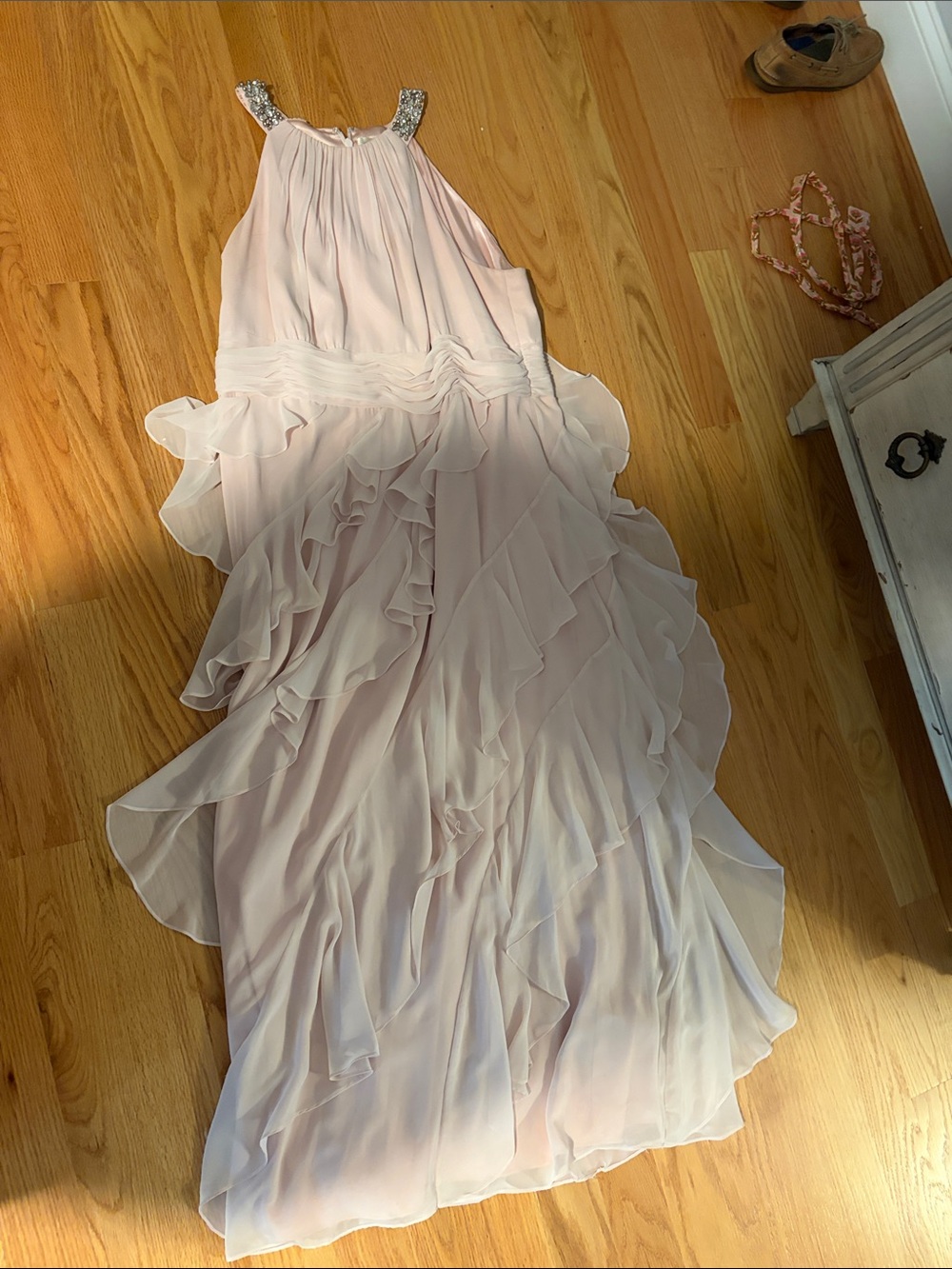 Eliza J Blush Pink Beaded-Strap Ruffled Chiffon Maxi Dress